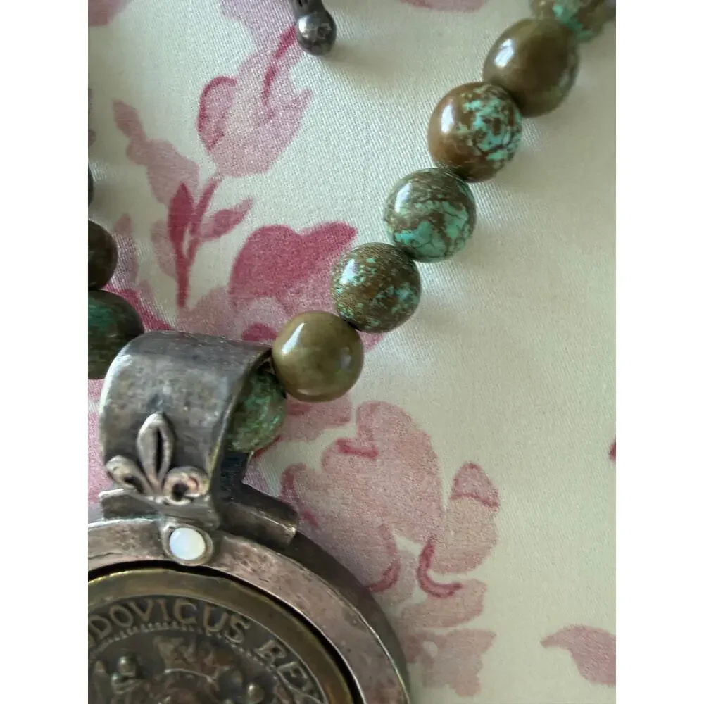 French Kande Long Stone Medallion Necklace with Opalite Style Stone Accents
